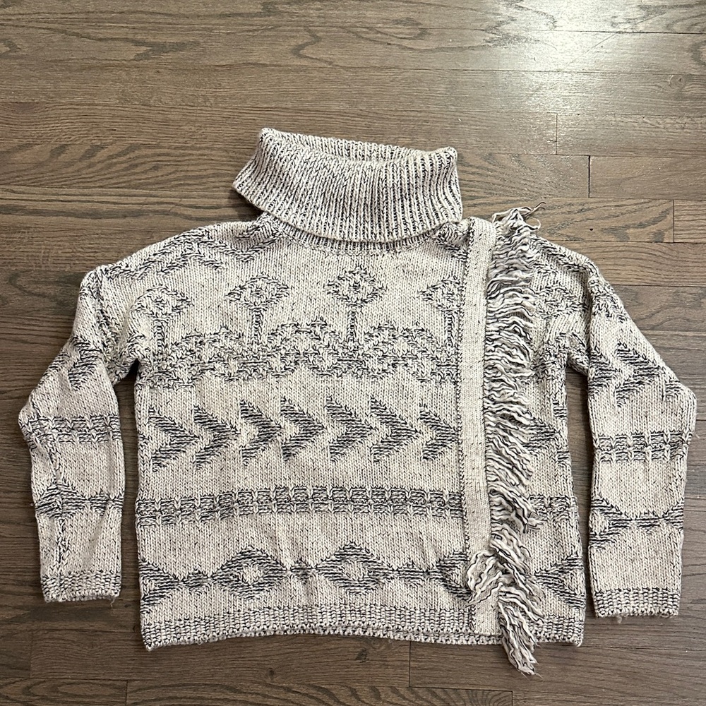Women’s Lucky Brand Aztec Gray Chunky Fringe Warm Turtleneck Sweater M